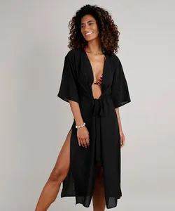 Capa Feminina Longa com Transparência Manga Curta Preto P