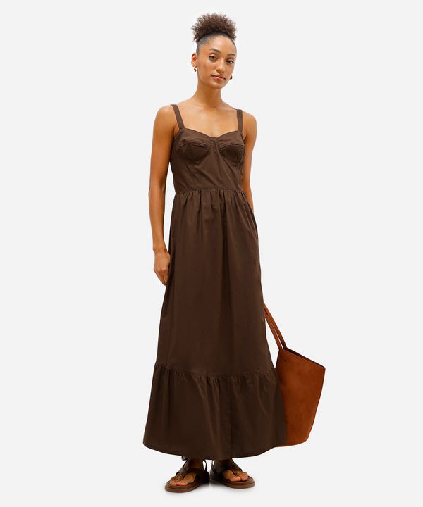 vestido longo feminino de algodão alça fina com recortes marrom GG