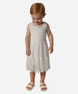 vestido infantil de tule sem manga com bordado floral off white 2
