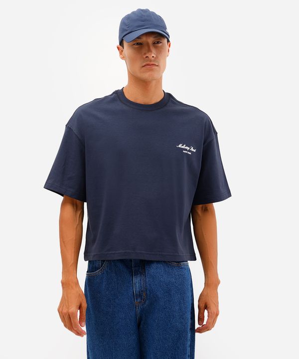 camiseta masculina cropped de algodão manga curta com bordado azul M