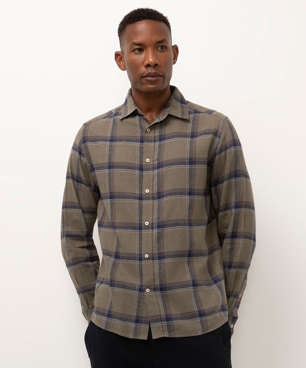camisa xadrez com linho manga longa verde militar GG