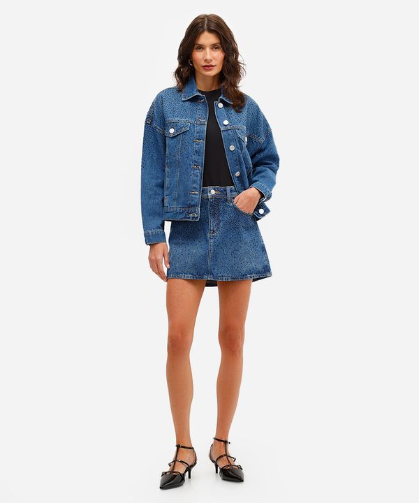 minissaia feminina jeans com brilhos azul 42