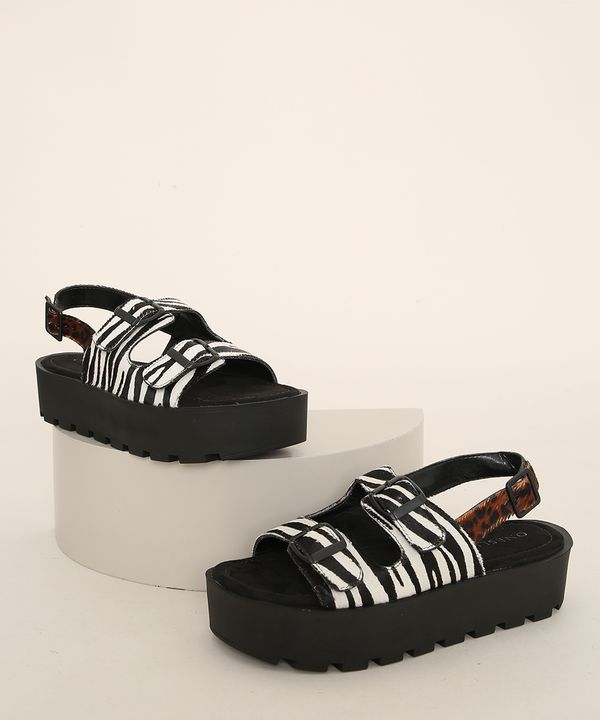 Sandália de Couro Feminina Oneself Flatform Animal Print Salto Tratorado Preta 35