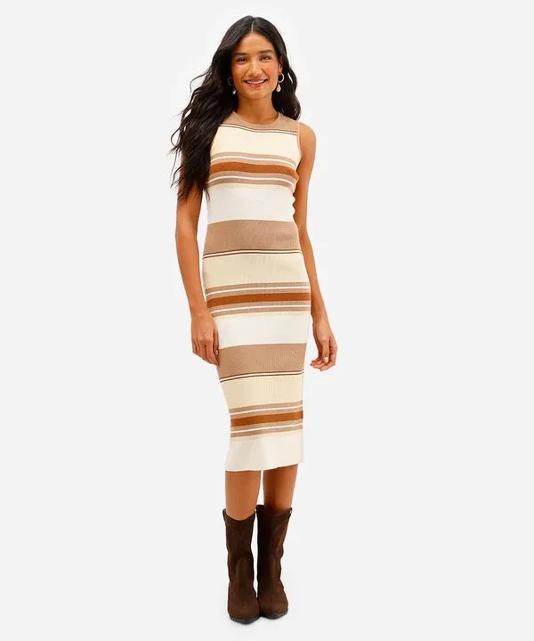 vestido midi feminino de tricot listrado marrom PP