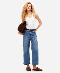calça wide leg cropped feminina jeans com cinto - jeans medio 46