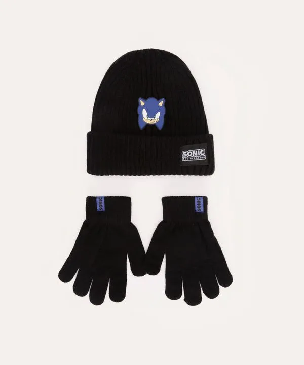 kit de tricot infantil sonic com gorro e luva preto UNICO