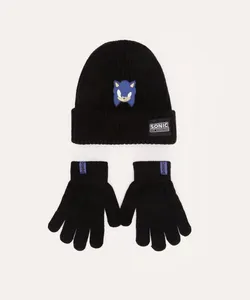 kit de tricot infantil sonic com gorro e luva preto UNICO
