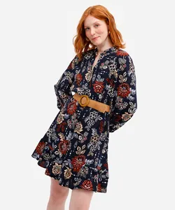 vestido chemise feminino de viscose floral com cinto azul P