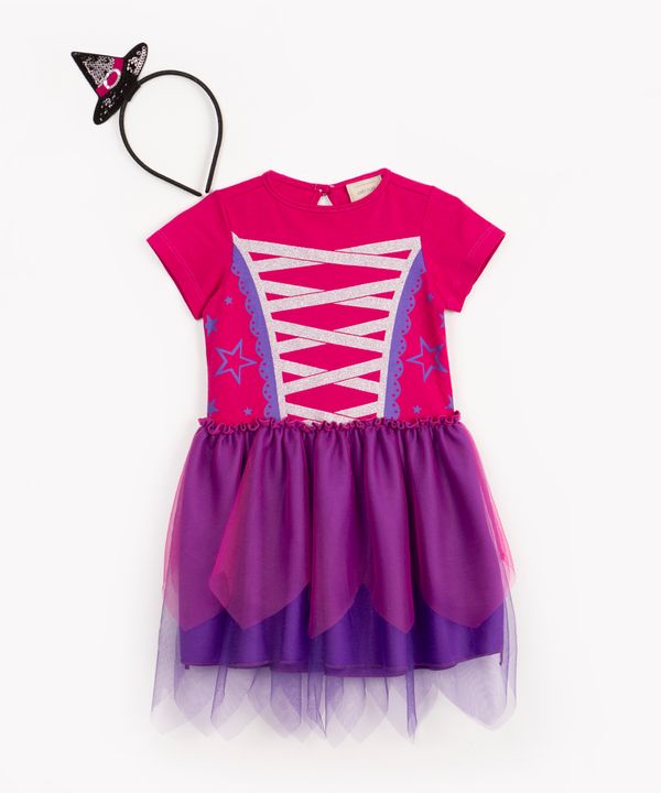 vestido fantasia bruxa com tule manga curta com tiara pink 2