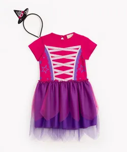 vestido fantasia bruxa com tule manga curta com tiara pink 1