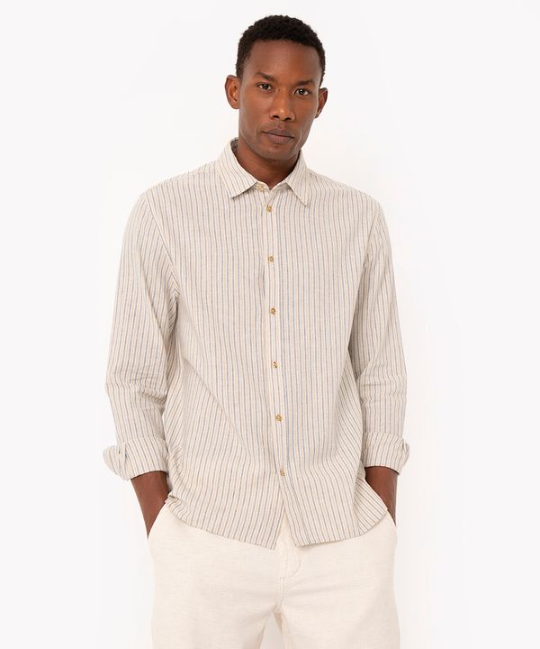 camisa de algodão slim listrada manga longa off white G