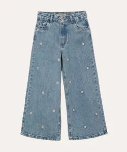 calça wide leg infantil jeans margaridas azul 4