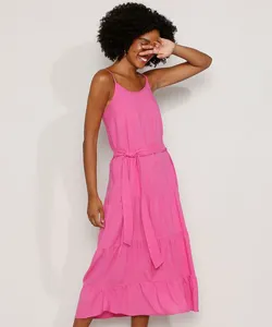 Vestido Feminino Midi com Recortes Alça Fina Pink M