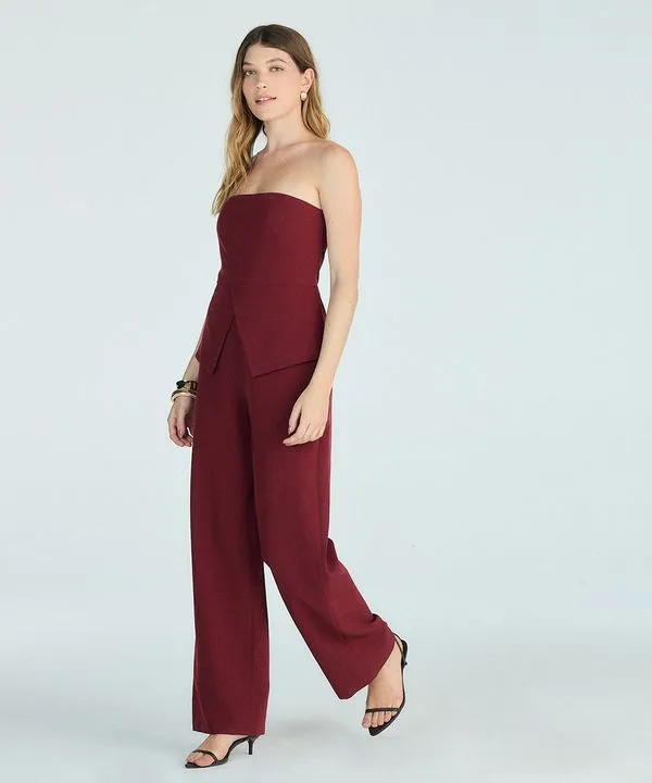 macacão peplum feminino de alfaiataria sem alça vinho GG