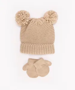 kit infantil de gorro e luvas de tricô pompom bege Único