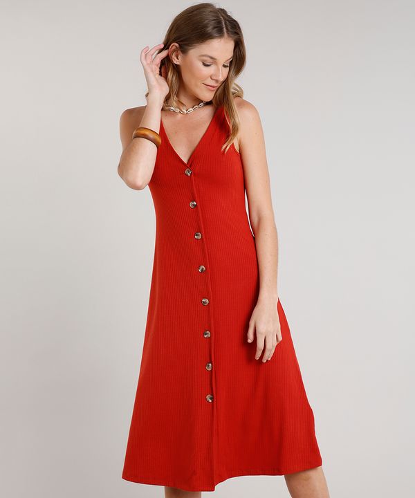 Vestido Feminino Midi Canelado com Botões Sem Manga Cobre G