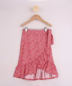 Saia Infantil Midi Estampada de Folhas com Laço e Babado Vermelha 12
