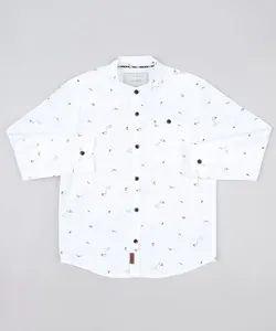 Camisa Infantil Mini Print com Bolso Manga Longa Gola Padre Branca 4