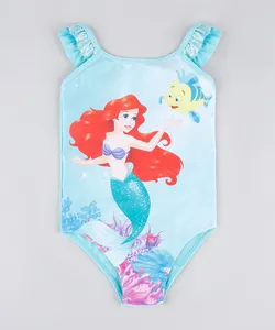 Maiô Infantil Carnaval Pequena Sereia Ariel com Babado Holográfico e Proteção UV50+ Verde Água 4