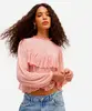 bata feminina de tule manga bufante com babados rosa GG