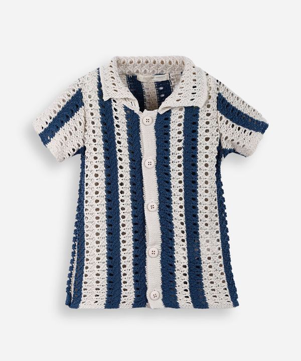 camisa infantil de tricot manga curta listrada bege 3
