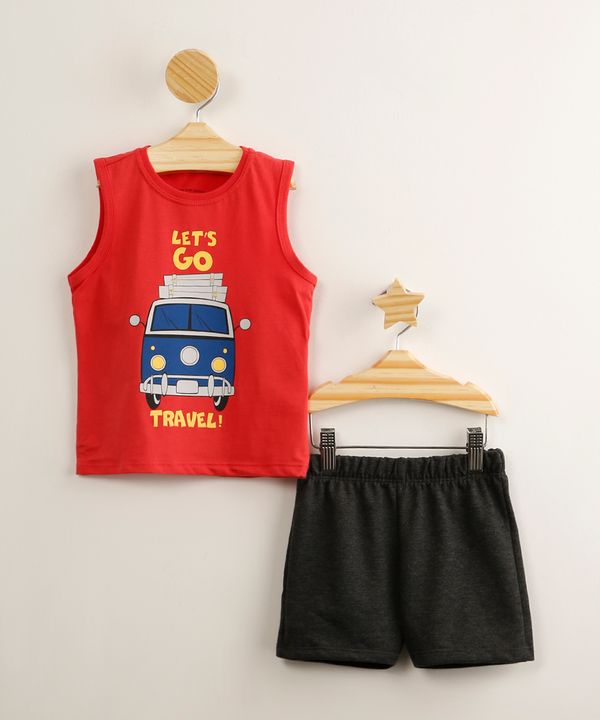 conjunto infantil de regata "let's go travel" vermelha + short de moletom cinza mescla escuro 5