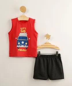 conjunto infantil de regata "let's go travel" vermelha + short de moletom cinza mescla escuro 3