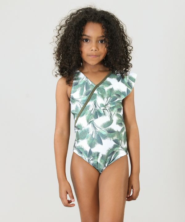 Maiô Infantil Água de Coco Tal Mãe Tal Filha Estampado Palmeira com Babado Proteção UV50+ Off White 10