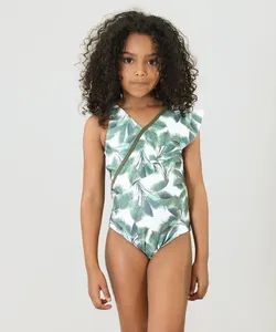 Maiô Infantil Água de Coco Tal Mãe Tal Filha Estampado Palmeira com Babado Proteção UV50+ Off White 8