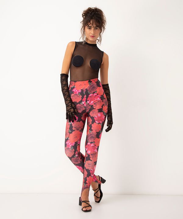 calça legging floral com pezinho cintura alta preta PP