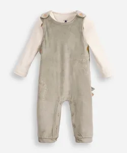 jardineira longa infantil de plush com blusa dinossauro verde 0-3