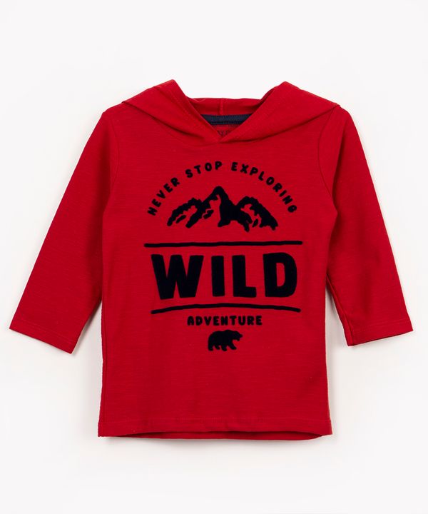 camiseta de algodão infantil wild flocado com capuz manga longa vermelho 1