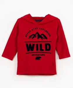 camiseta de algodão infantil wild flocado com capuz manga longa vermelho 3