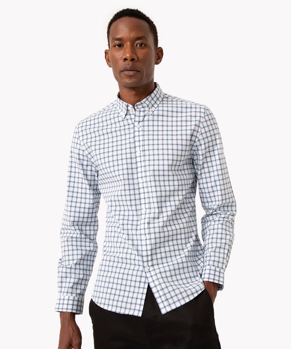 camisa de algodão slim xadrez manga longa azul claro GG