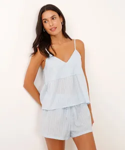 pijama short doll alça fina de algodão texturizado azul GG