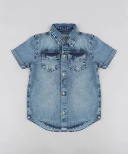 Camisa Jeans Infantil com Bolsos Manga Curta Azul Médio 12