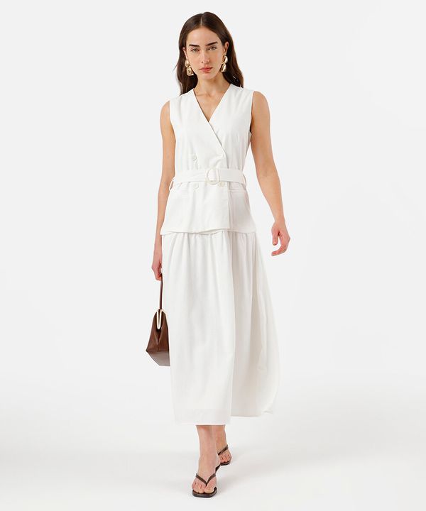 vestido midi feminino com linho decote v off white G