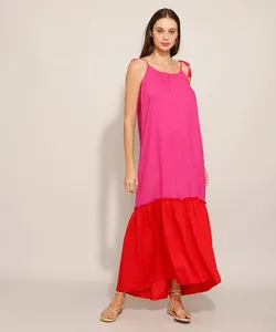 Vestido Saída de Praia Longo de Viscose Bicolor com Recorte e Tassel Alça Laço Pink GG