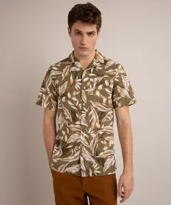 camisa tradicional de algodão estampada folhagens com bolso mangas curta verde militar G