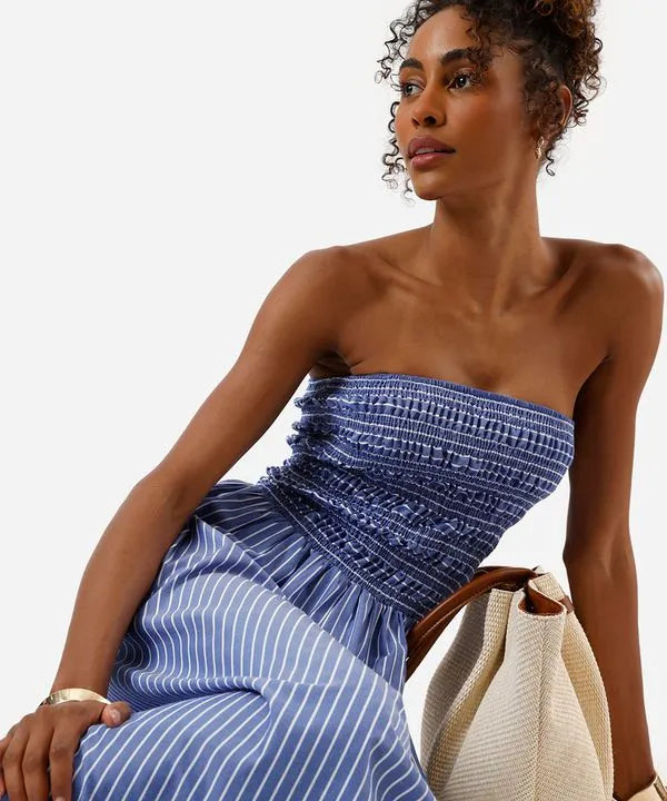 vestido midi feminino sem alça com lastex listrado azul M