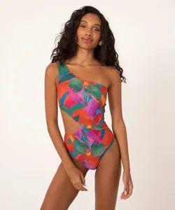 maiô um ombro só cut out prisma folhas com proteção uv50 laranja P