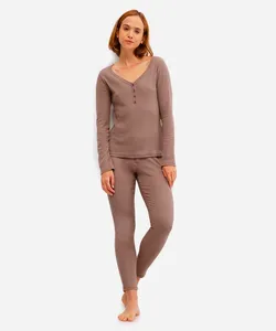 pijama longo com camiseta manga longa em ribana botonê marrom GG