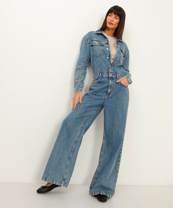 macacão jeans oversized manga longa azul P