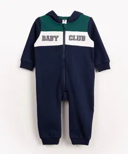 macacão de moletom infantil manga longa com capuz azul marinho 3-6
