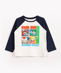 camiseta infantil de algodão manga longa mario bros off white 1