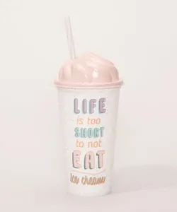 Copo com Canudo Sorvete "Life is Too Short" Rosa Único