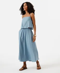 saia midi feminina com linho e cós elástico azul M