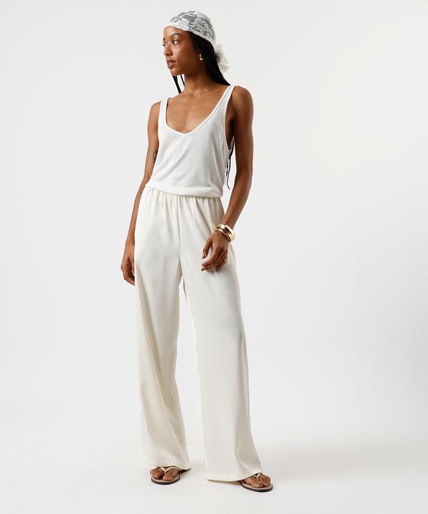 calça estilo pijama feminina cós elástico acetinada bege P