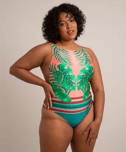 maiô halter neck plus size alça fina estampado de folhagens com proteção uv50+ verde GG2