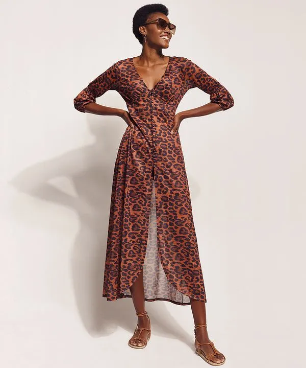 Saída de Praia Hype Beachwear Longa Estampada Animal Print Onça Manga Bufante Caramelo M